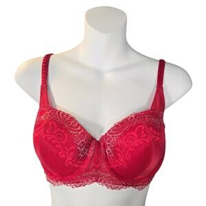 DKNY Red Lace Underwire Push-Up Bra 32D Floral Lightly Padded Feminine Sexy‎